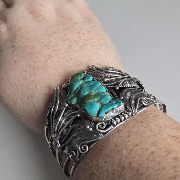 Vintage Navajo Sterling Turquoise Nugget Cuff Bracelet Royston Style Heavy 69gm - Picture 2 of 16